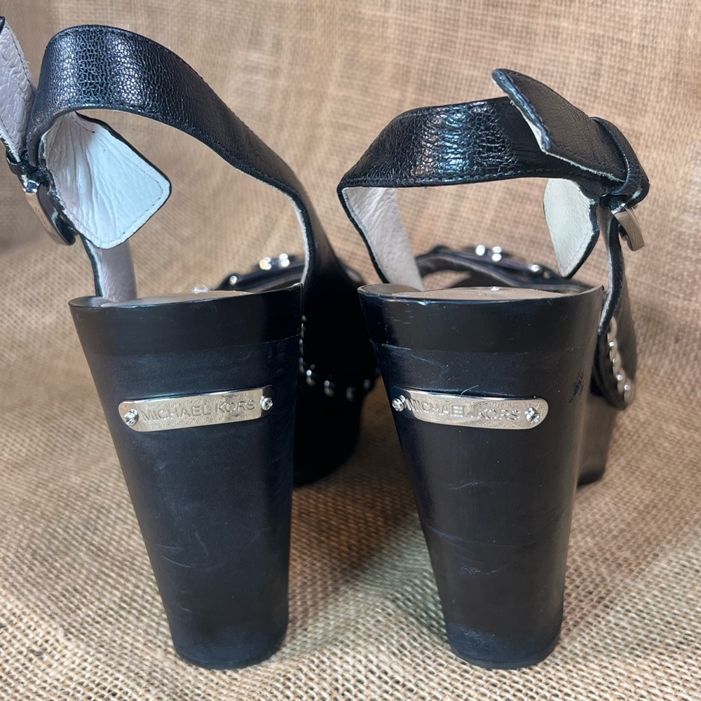 Michael Kors Black Leather silver studded open toe Wedge sling back Sandals - Picture 5 of 7